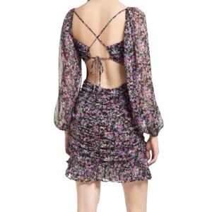 ALL IN FAVOR Black Purple Multi Floral Long Sleeve Tie Back Halter Dress Size S